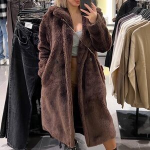 Babaton Dark Brown Teddy Faux Fur Coat with Hood